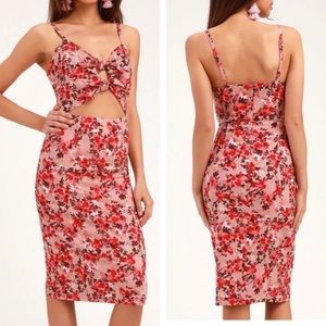 WAYF Pink Floral Midi Dress with Cutouts